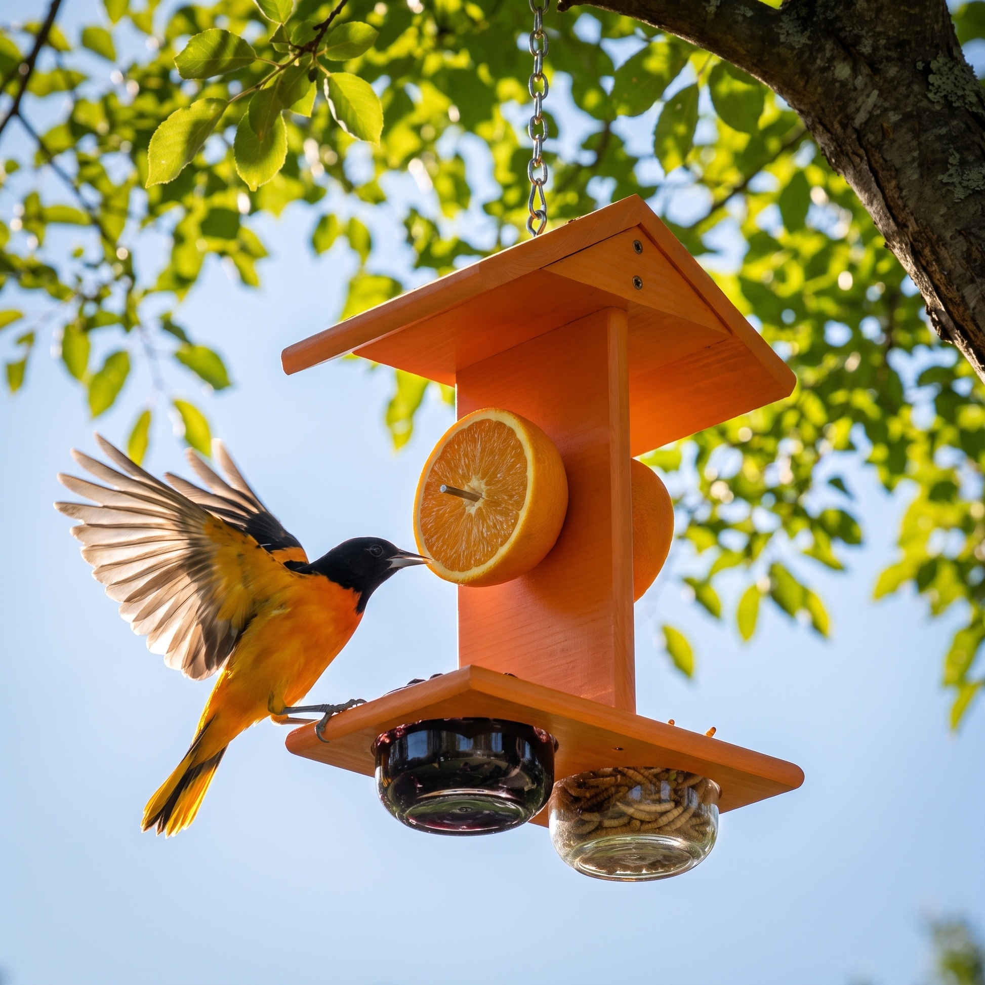 Oriole landing on the feeder with wings spread wide