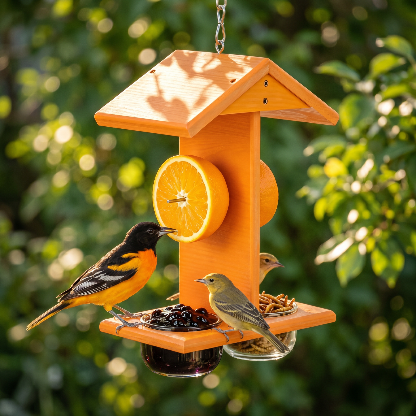 A family of orioles feeding together at the feeder in summer