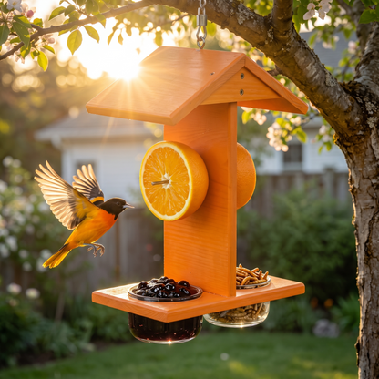 Oriole flying toward the feeder in golden hour light