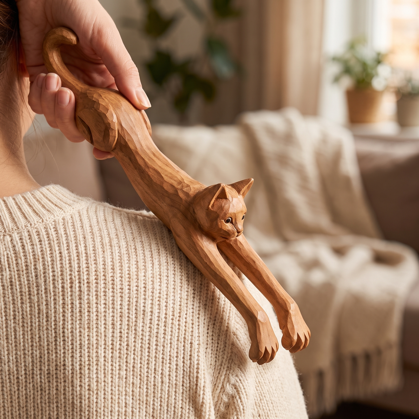 Close-up of the wooden cat back scratcher in use, hand gripping the tail handle against the back