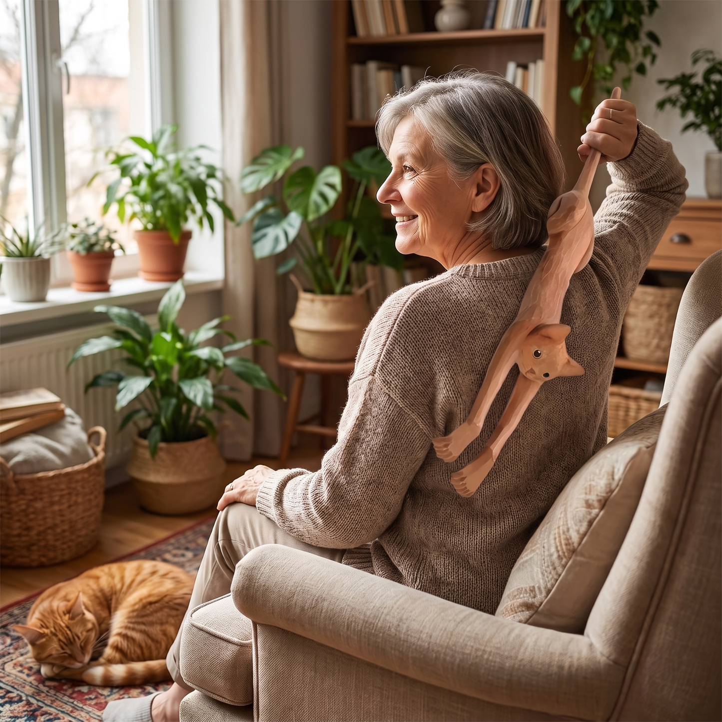 Older woman in an armchair using the wooden cat back scratcher with a sleeping cat nearby
