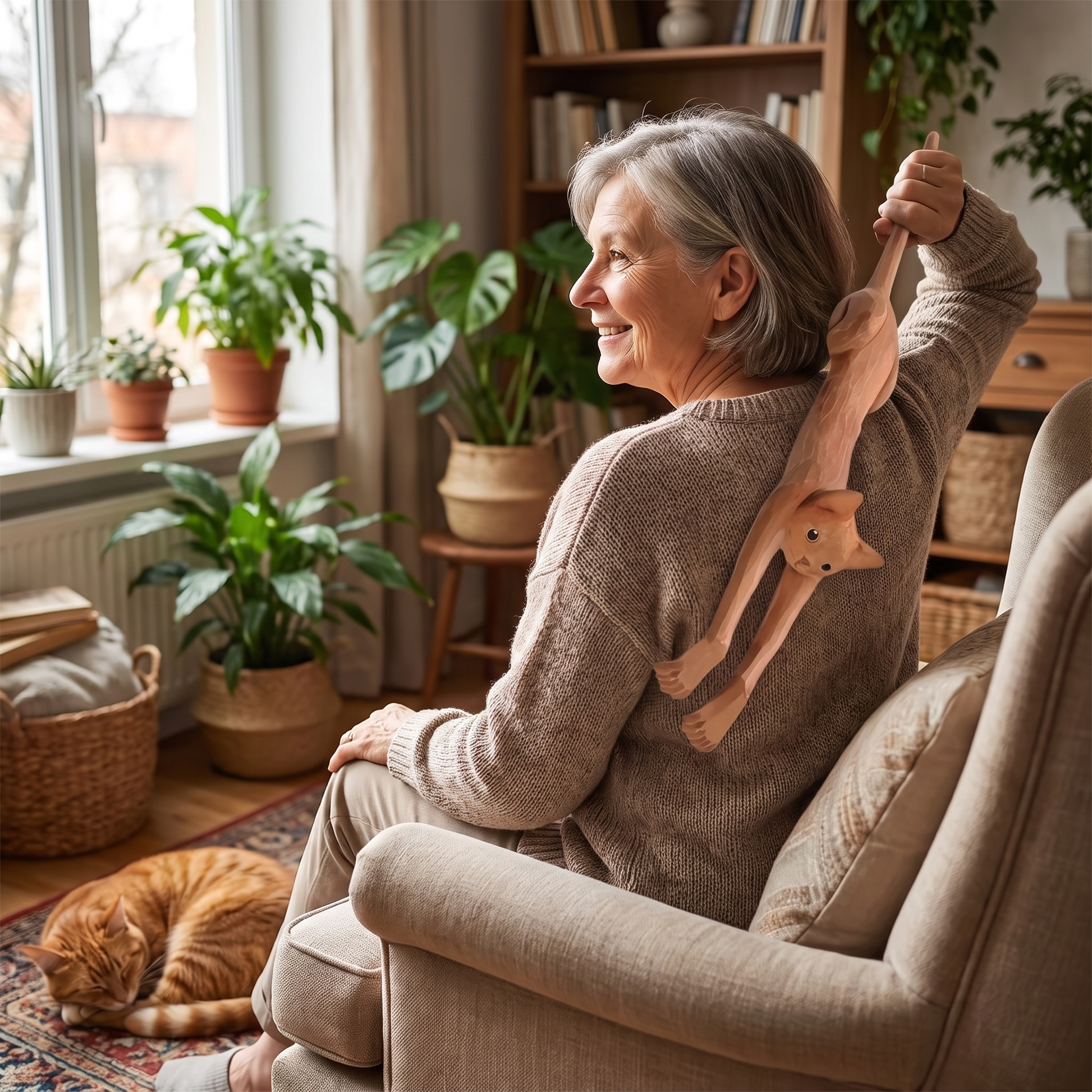 Older woman in an armchair using the wooden cat back scratcher with a sleeping cat nearby