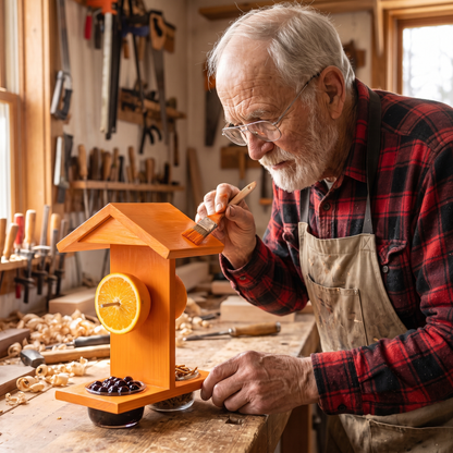 Earl working on the orange oriole feeder at his workbench