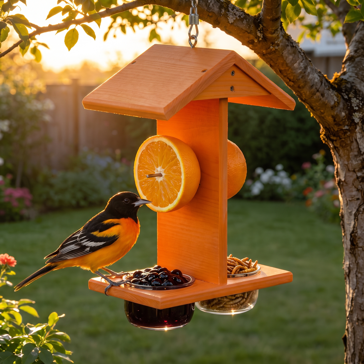 Oriole on the orange feeder backlit at golden sunset