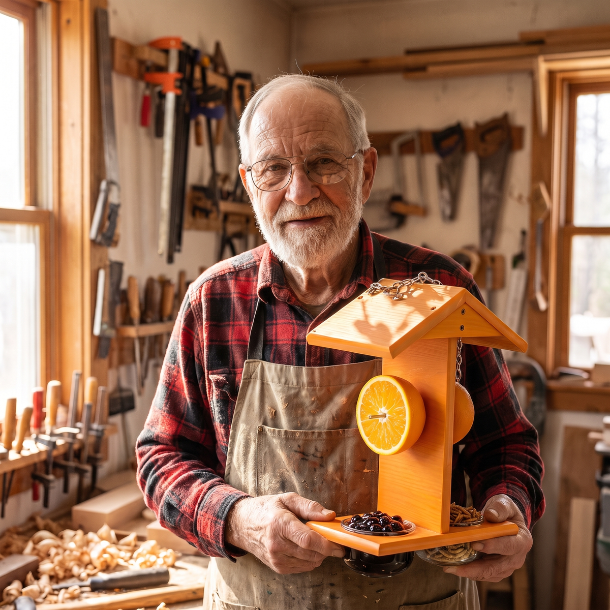Earl holding the finished orange oriole feeder in his Wisconsin woodshop