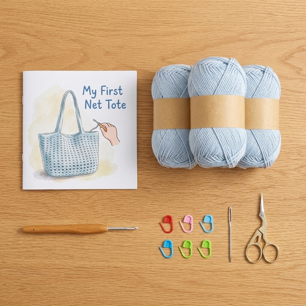 Extra Easy Net Tote kit contents: blue yarn, hook, markers, needle, scissors and pattern booklet