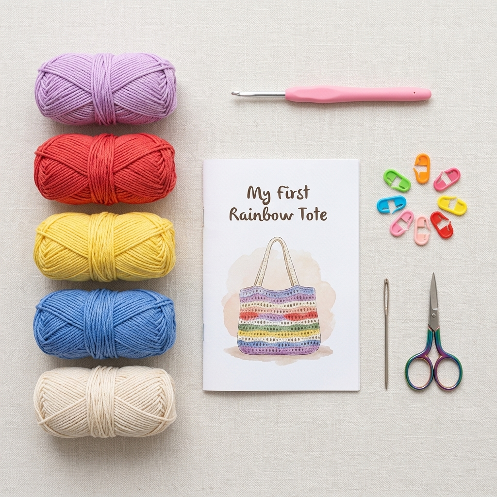 Easy Rainbow Tote kit contents: rainbow yarn, hook, markers, needle, scissors and pattern booklet