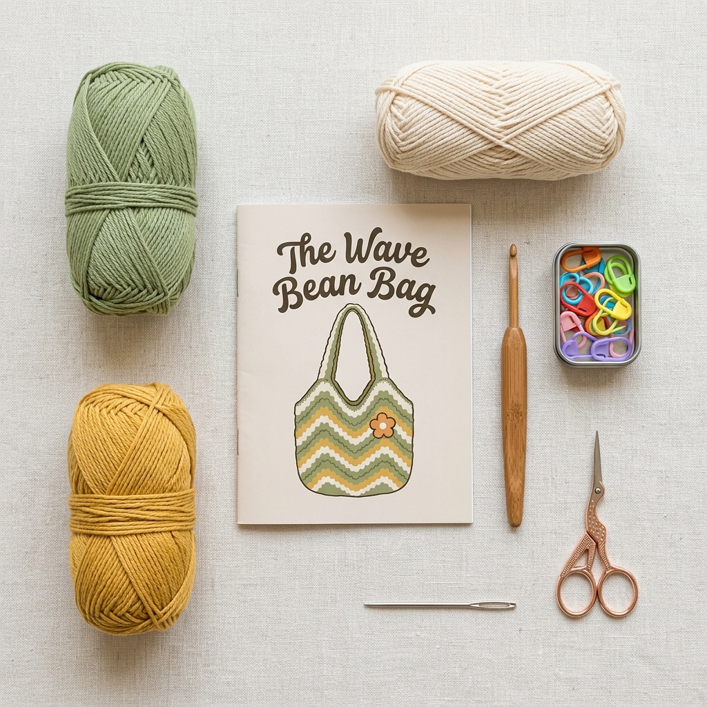 Medium Wave Bean Bag kit contents: sage and mustard yarn, hook, markers, needle, scissors and pattern booklet
