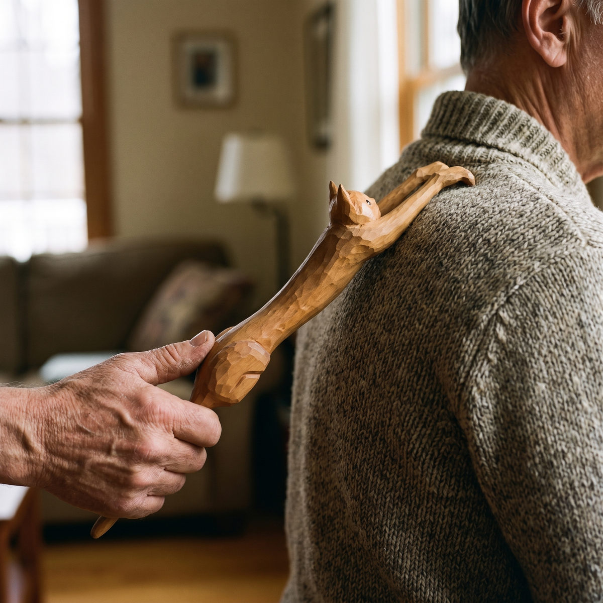 Close-up: hand gripping the carved cat's tail as the handle while its front paws scratch the back
