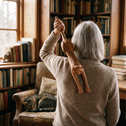 Older woman using the wooden cat back scratcher correctly — gripping the tail, front paws scratching her back