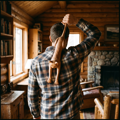 Man using the wooden cat back scratcher — holding the tail handle, the cat's front paws scratching his back