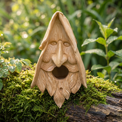 Hand-carved wood spirit birdhouse resting on moss on a weathered log in a garden