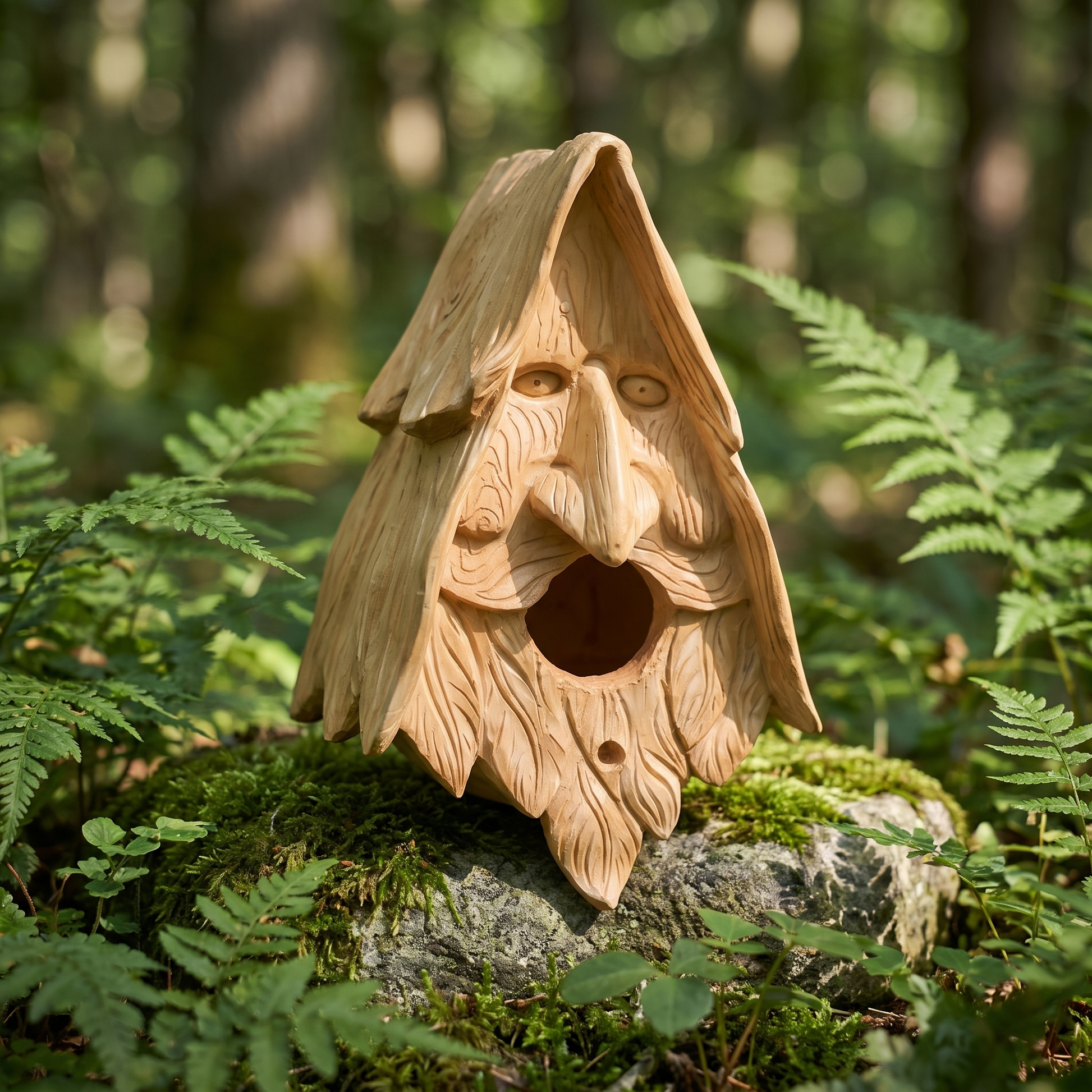Wood spirit birdhouse on a mossy stone among ferns in woodland light
