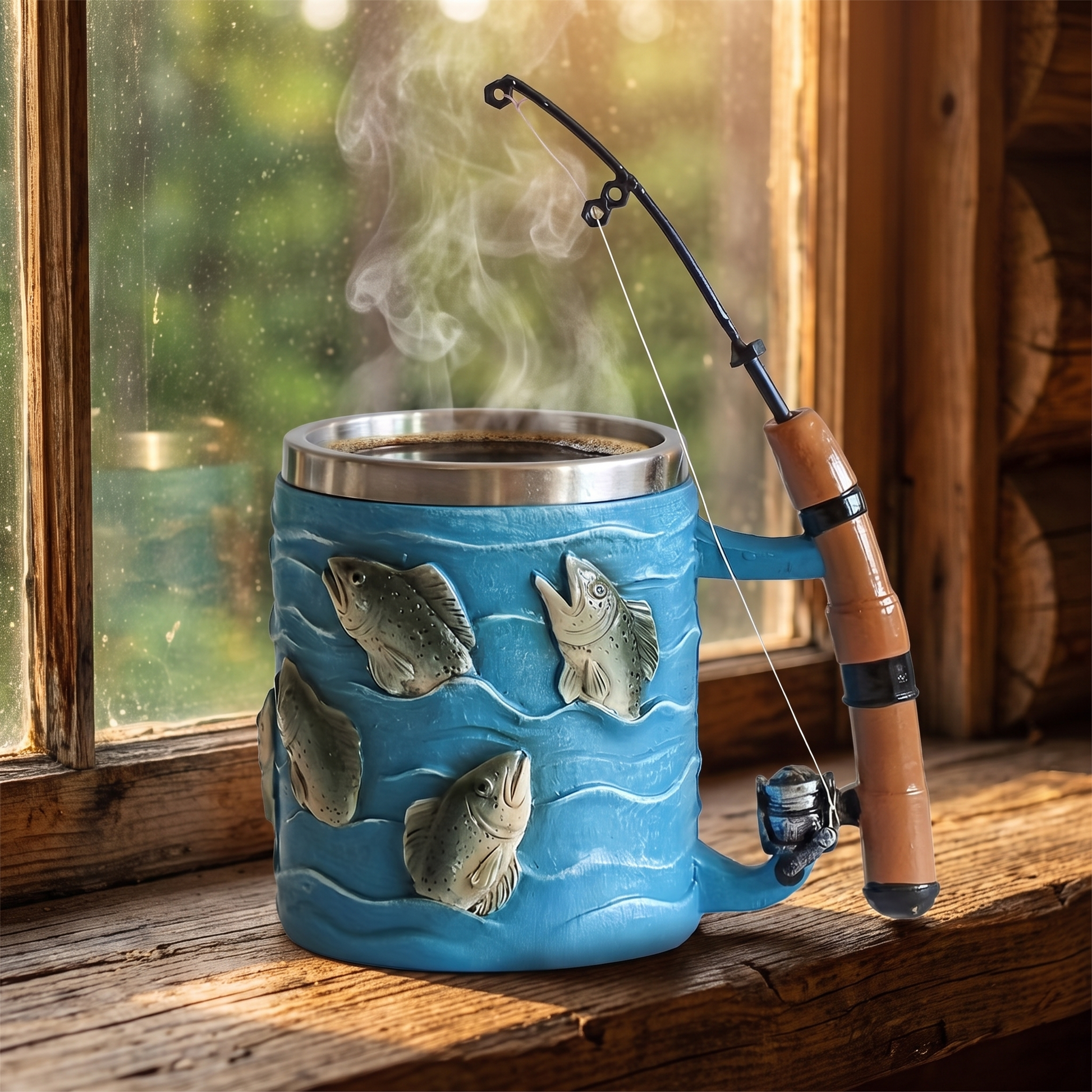 Trout mug filled with steaming coffee on a rustic cabin windowsill