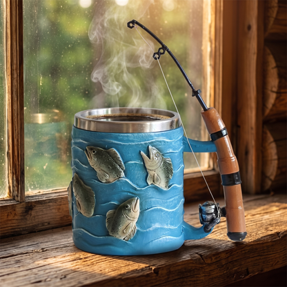 Trout mug filled with steaming coffee on a rustic cabin windowsill