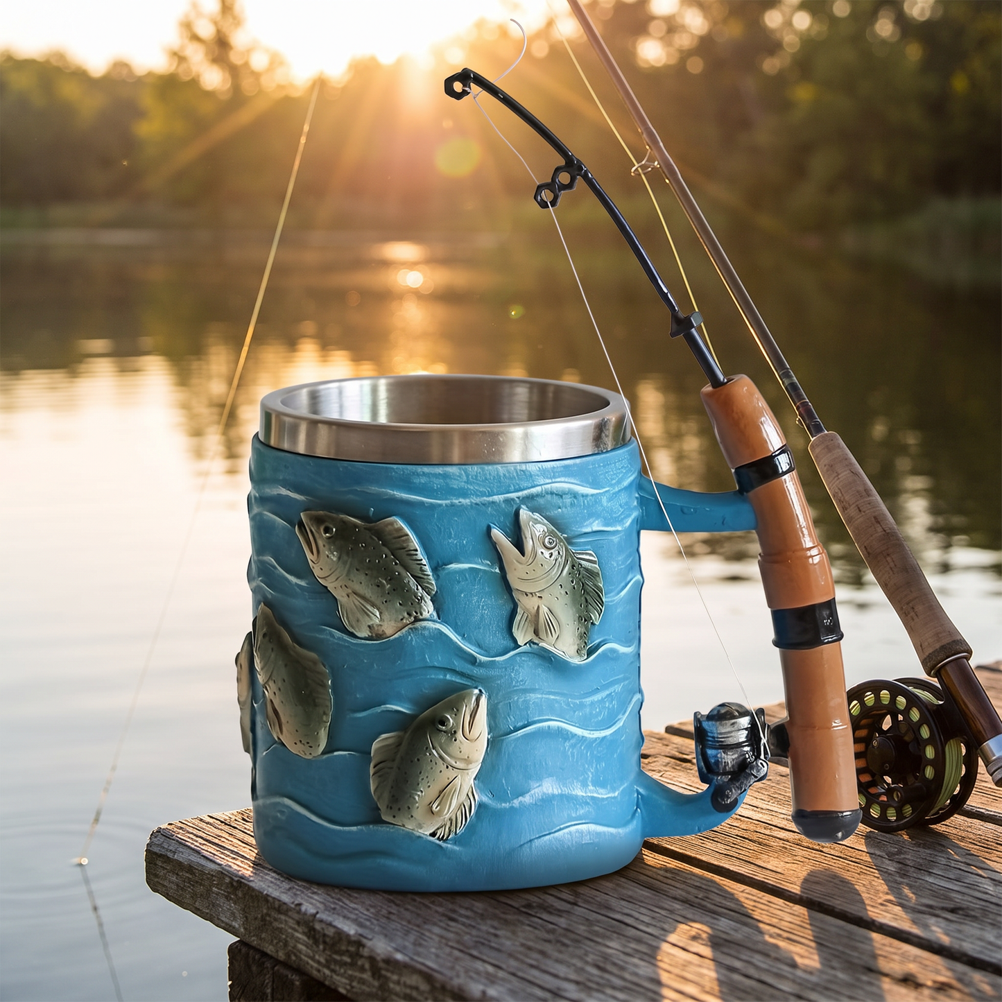 Trout mug on a wooden dock at sunrise with a fly rod leaning nearby