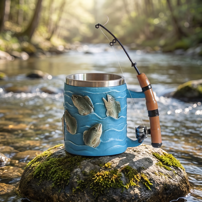 Roy's hand-sculpted trout mug on a mossy river rock beside a trout stream