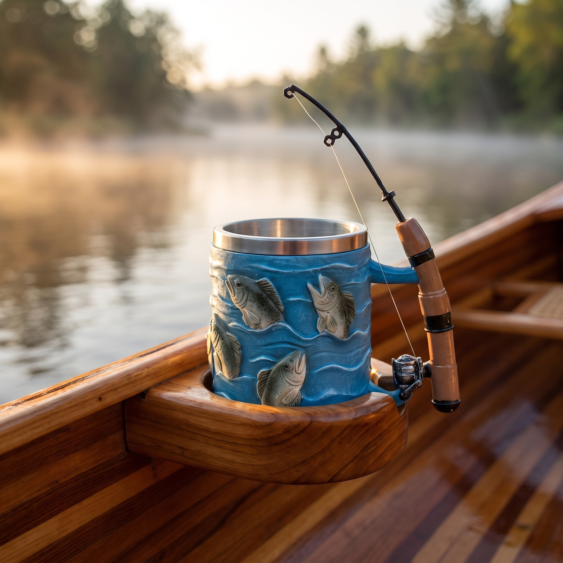 Trout mug in the rod holder of a cedar-strip Au Sable riverboat at dawn