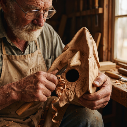 Amos Hensley carving the wood spirit birdhouse by hand with a knife
