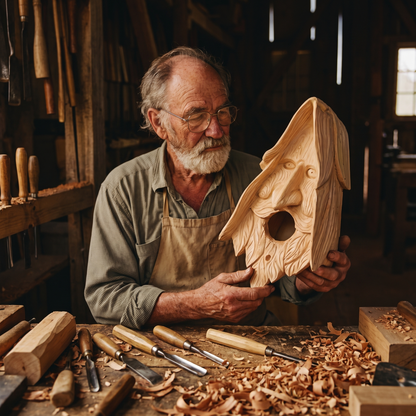 Amos Hensley inspecting a finished wood spirit birdhouse at his workbench