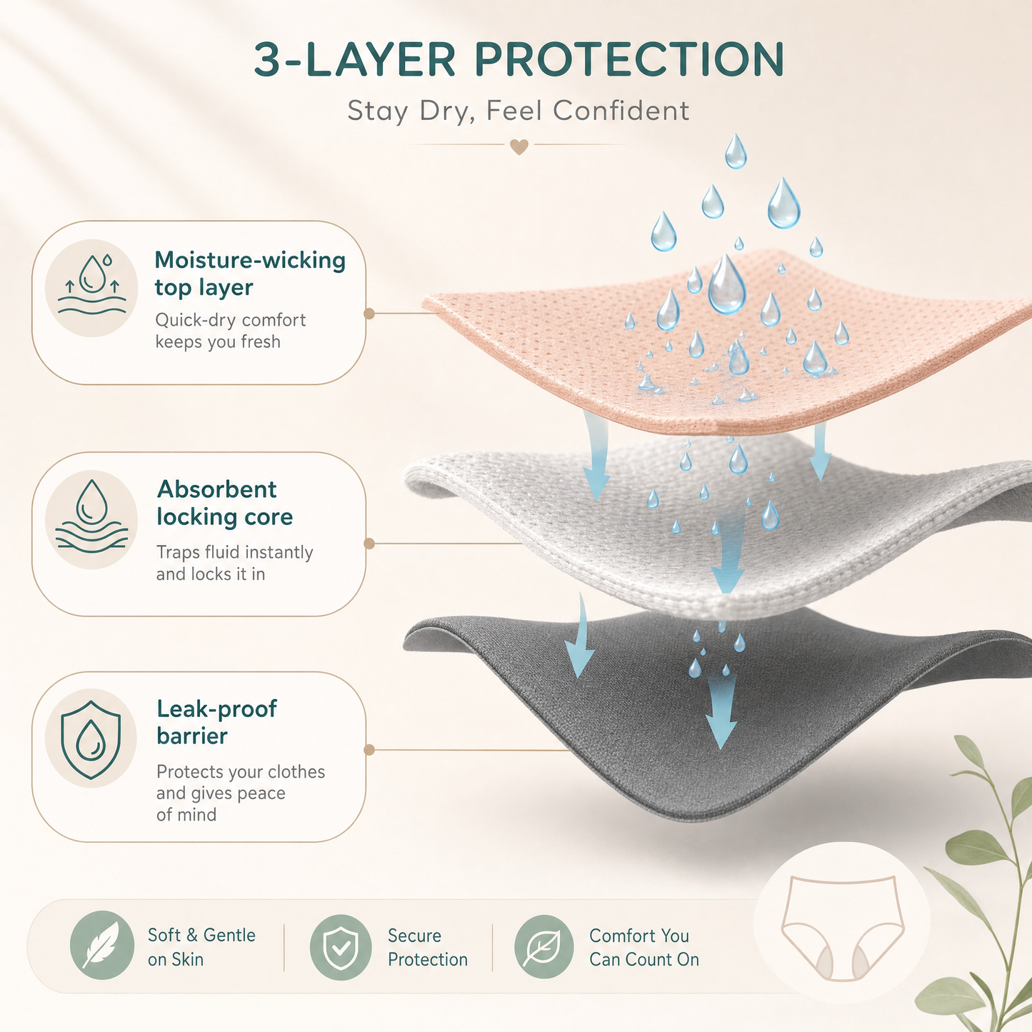 3-layer protection: moisture-wicking top, absorbent core, leak-proof barrier