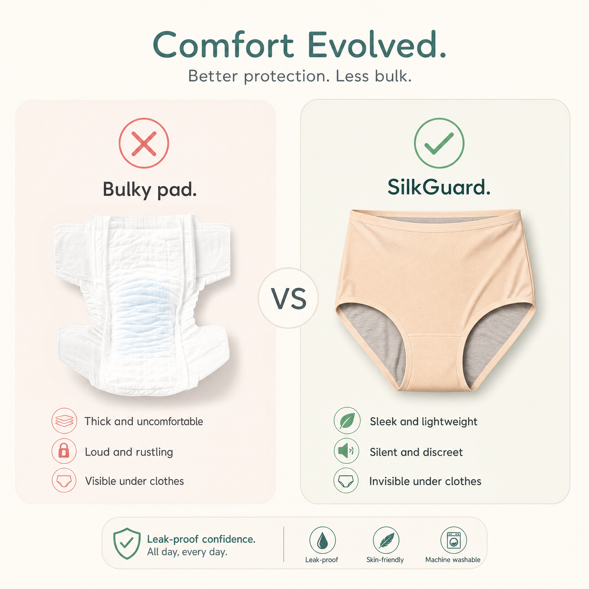 Bulky pad vs seamless SilkGuard underwear