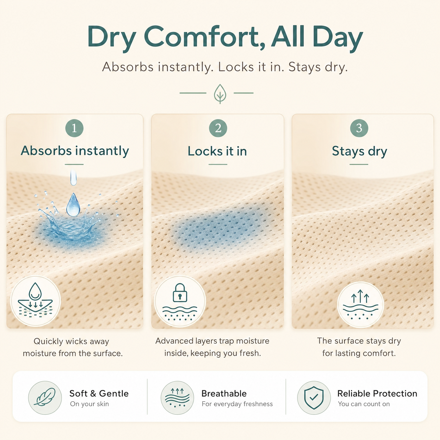 Absorption test: liquid absorbed instantly, surface stays dry