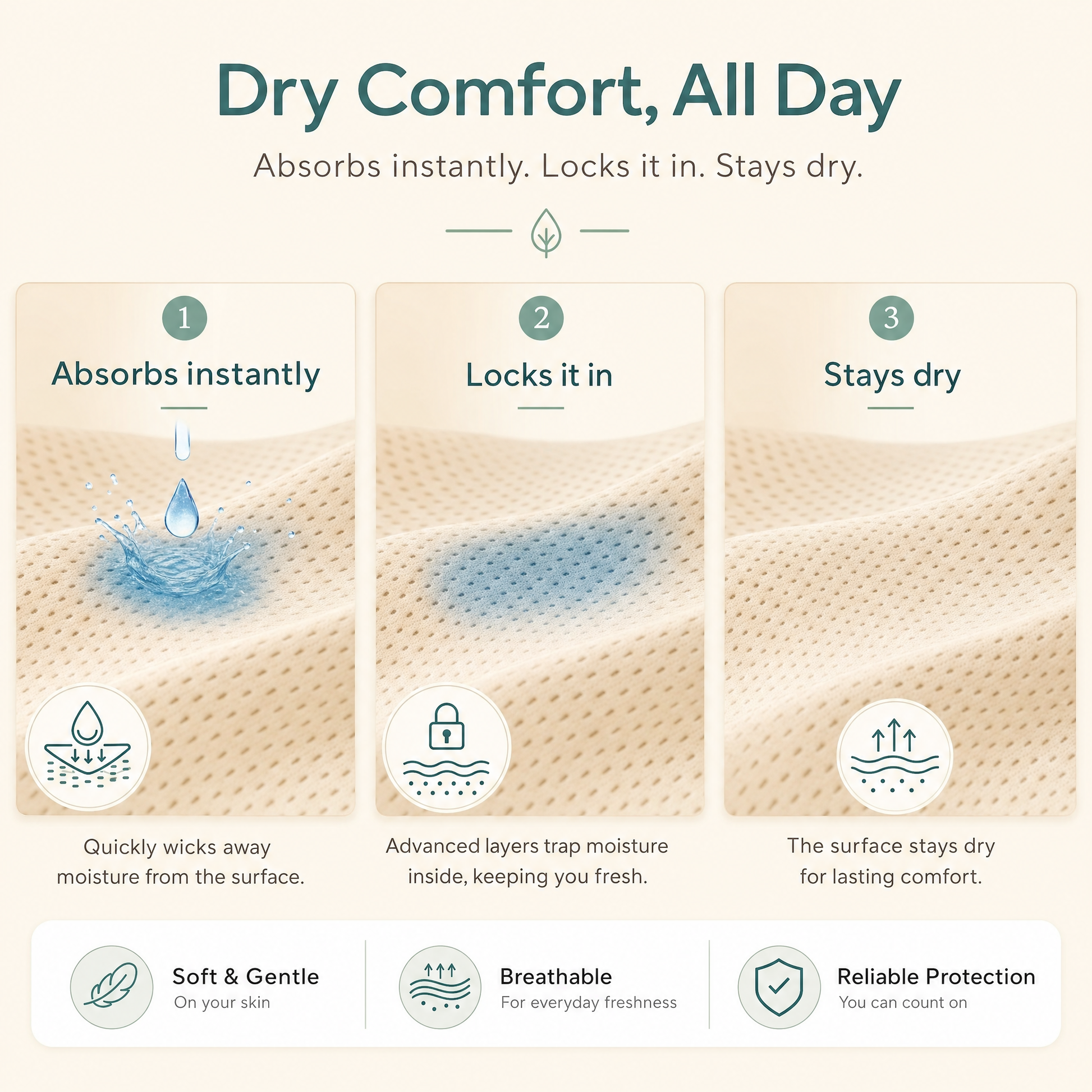 Absorption test: liquid absorbed instantly, surface stays dry