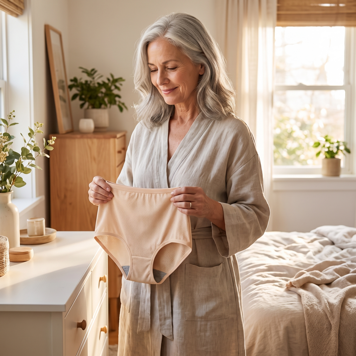 Woman holding SilkGuard underwear as part of her morning routine