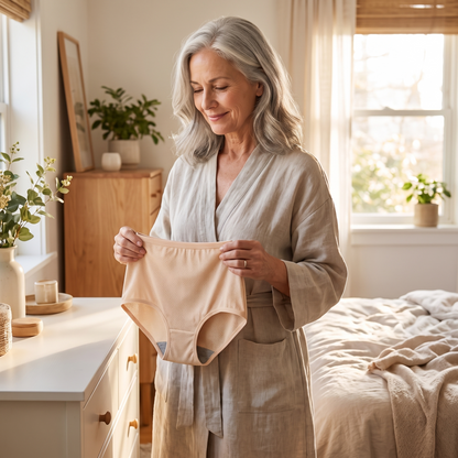 Woman holding SilkGuard underwear as part of her morning routine