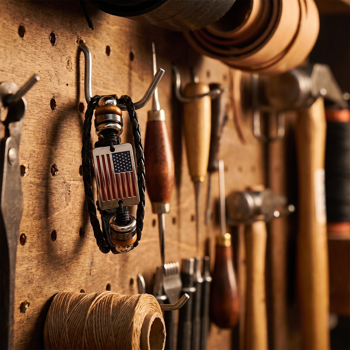 American flag bracelet hanging on a workshop pegboard