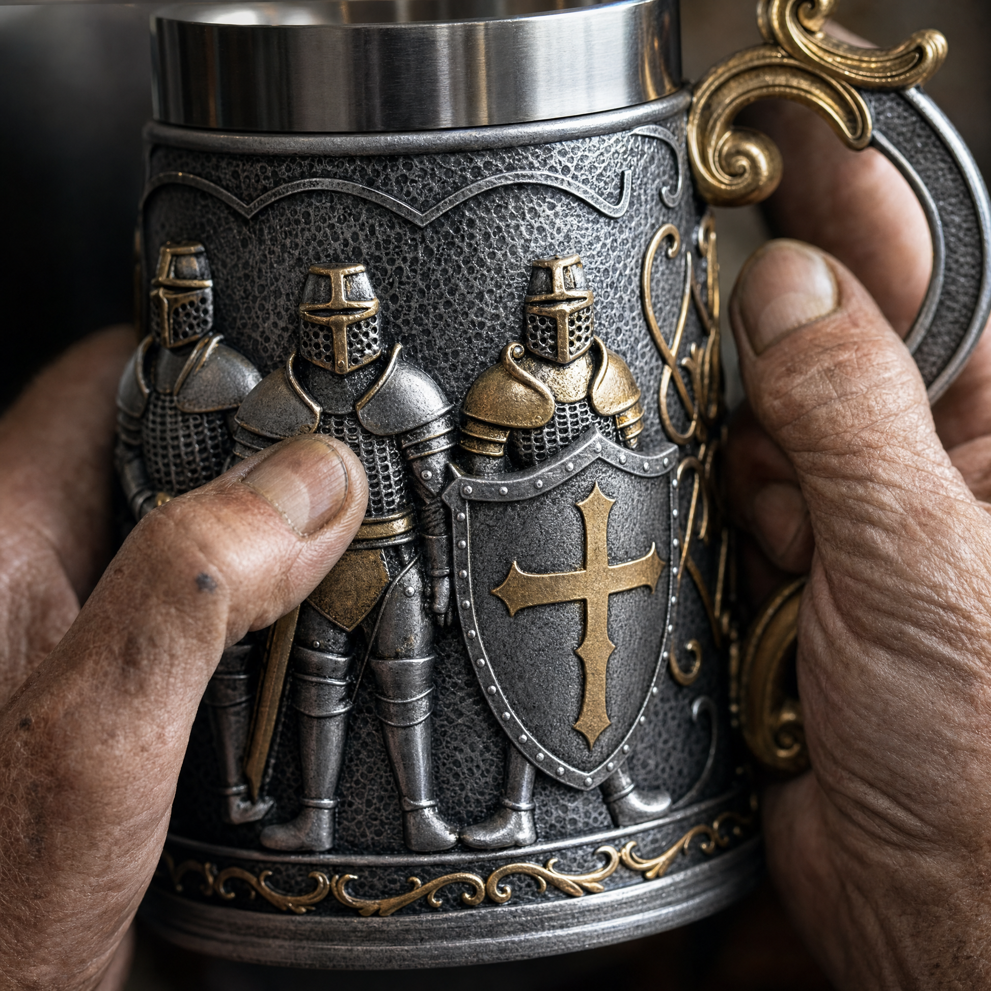 Royal Guard beer mug helm and visor-slit closeup