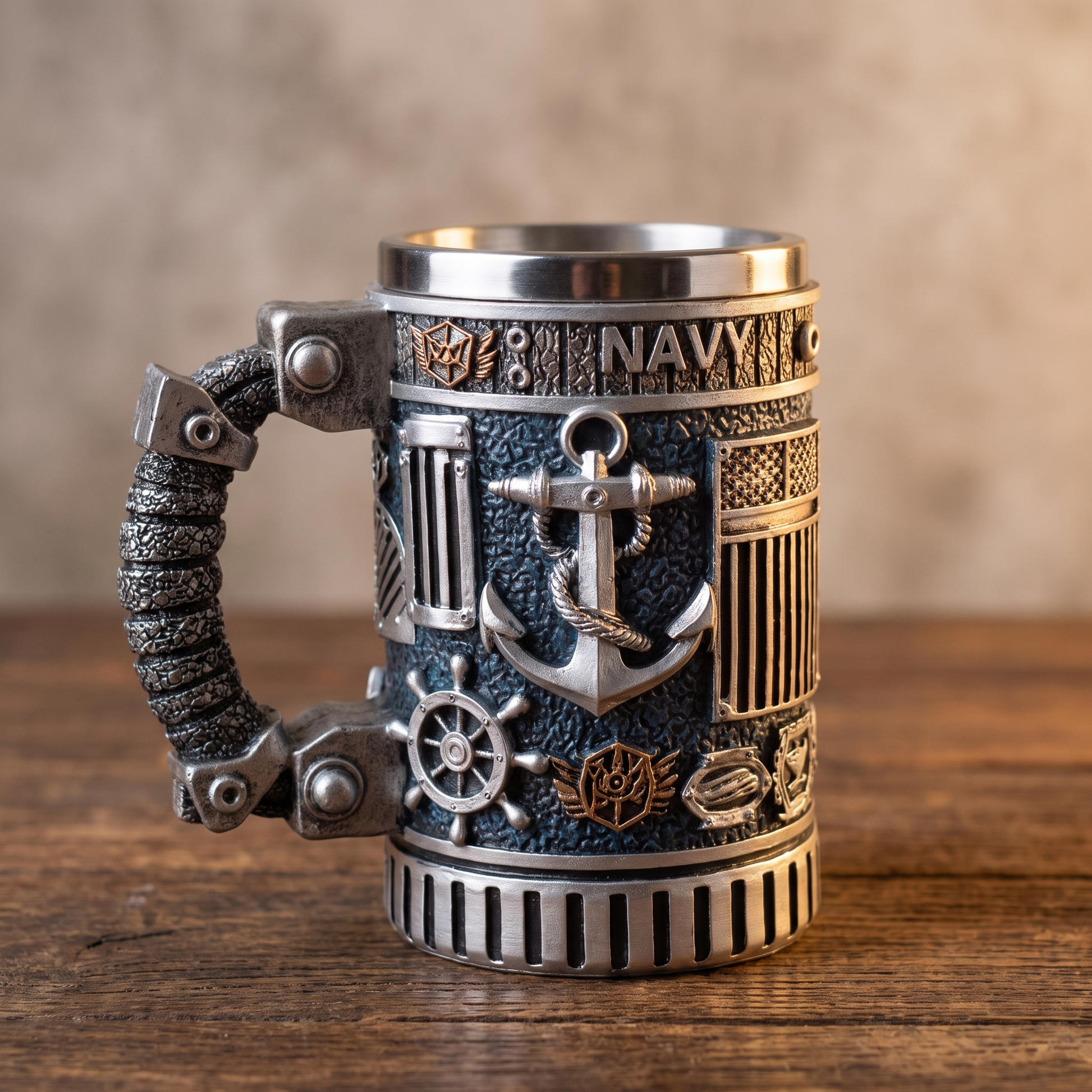 Navy mug three-quarter angle showing rope handle