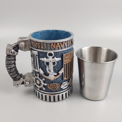 Navy mug with removable steel liner lifted out