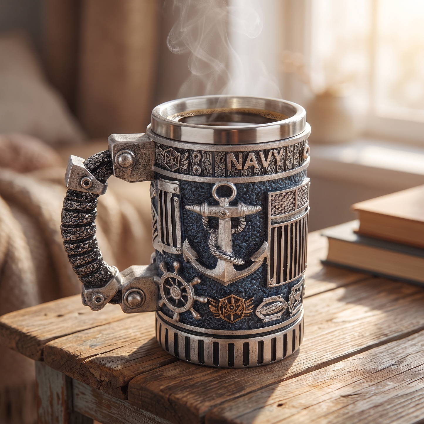 Navy mug filled with steaming coffee on a wooden table