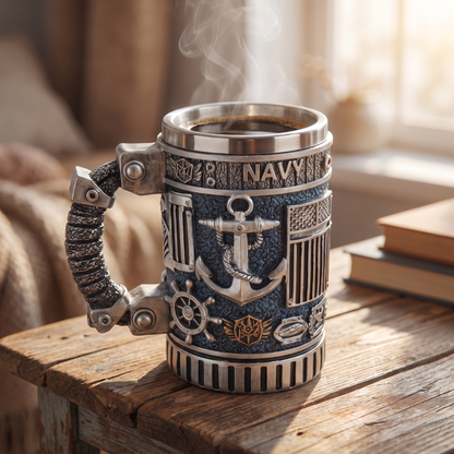 Navy mug filled with steaming coffee on a wooden table