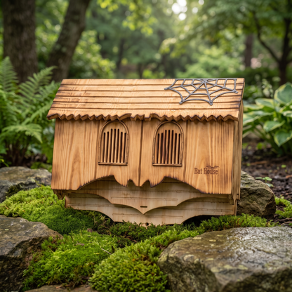 Carved gothic bat house resting on garden moss and weathered stones