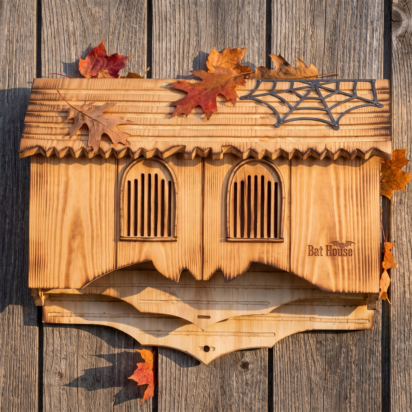 Gothic bat house mounted on a weathered barn wall with autumn leaves