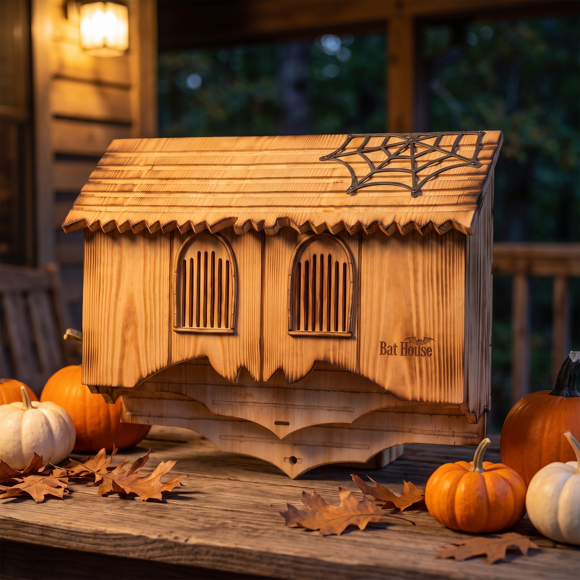 Gothic bat house on an autumn porch with pumpkins, styled as Halloween decoration