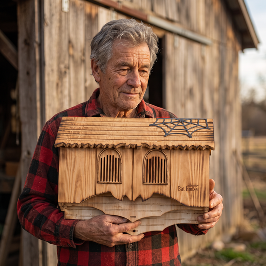 Earl Pressley holding his hand-carved gothic bat house outside his barn