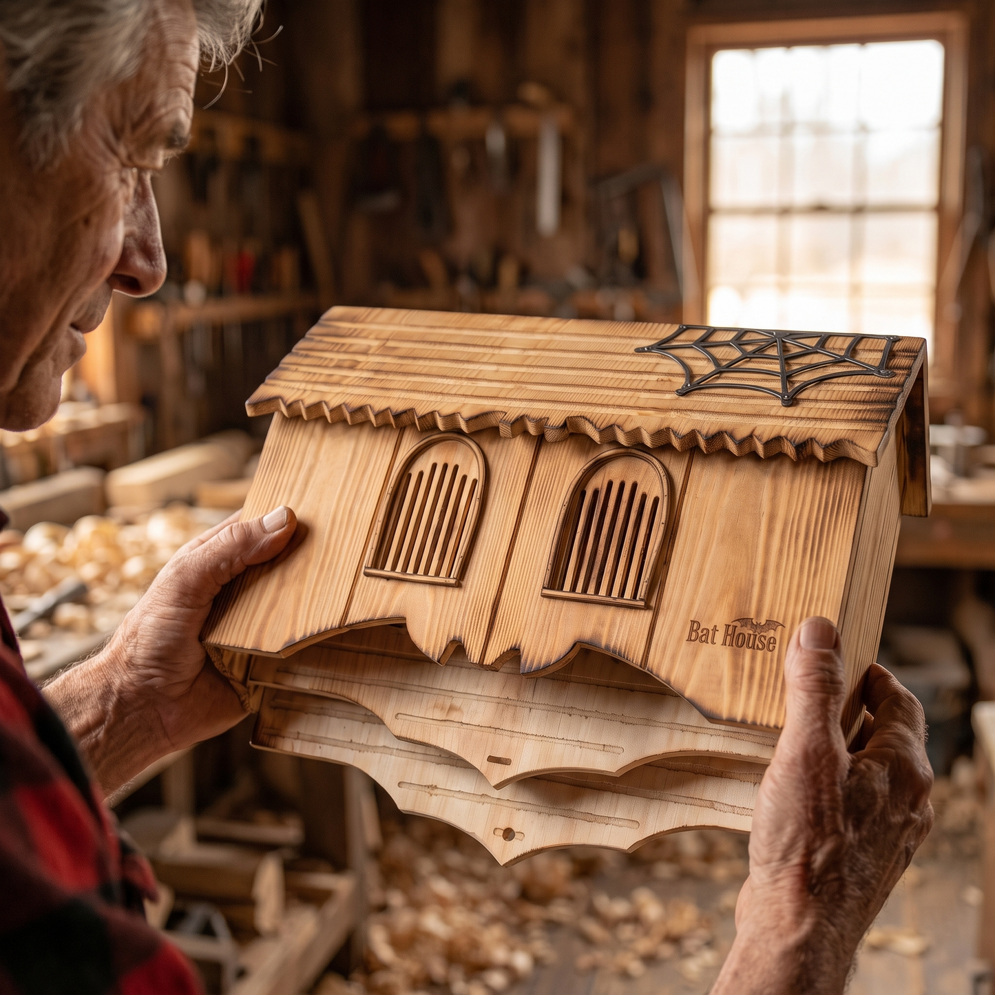 Earl's weathered hands holding the carved gothic bat house in his workshop