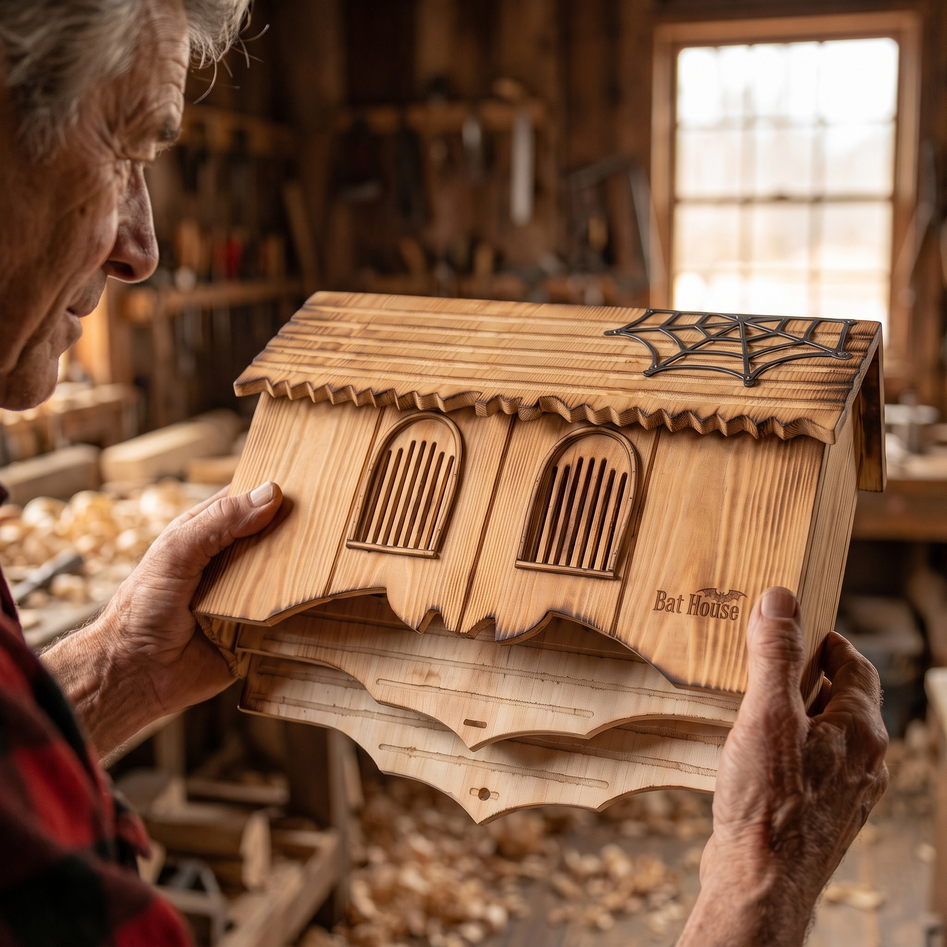 Earl's weathered hands holding the carved gothic bat house in his workshop