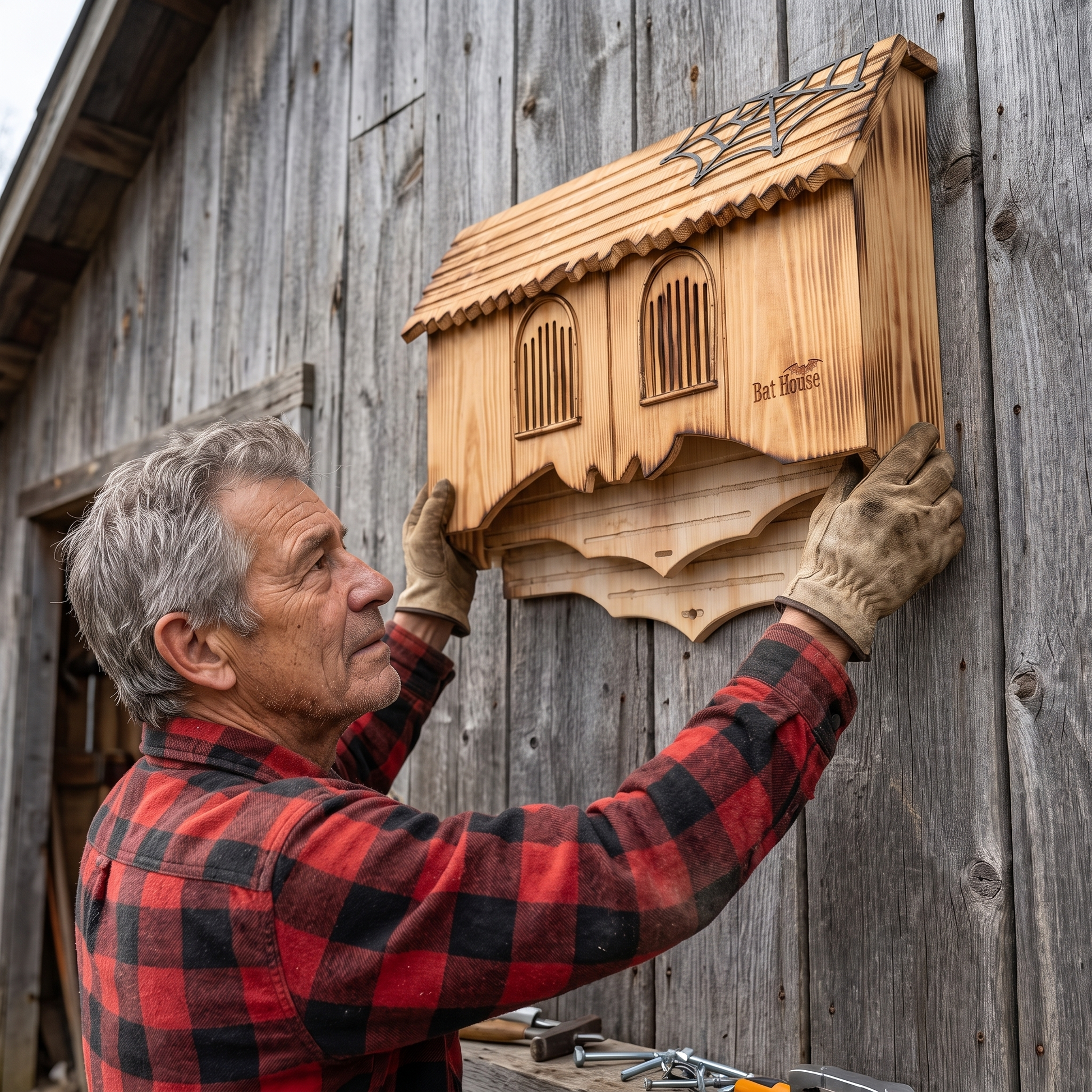 Earl mounting the carved gothic bat house on a weathered barn wall