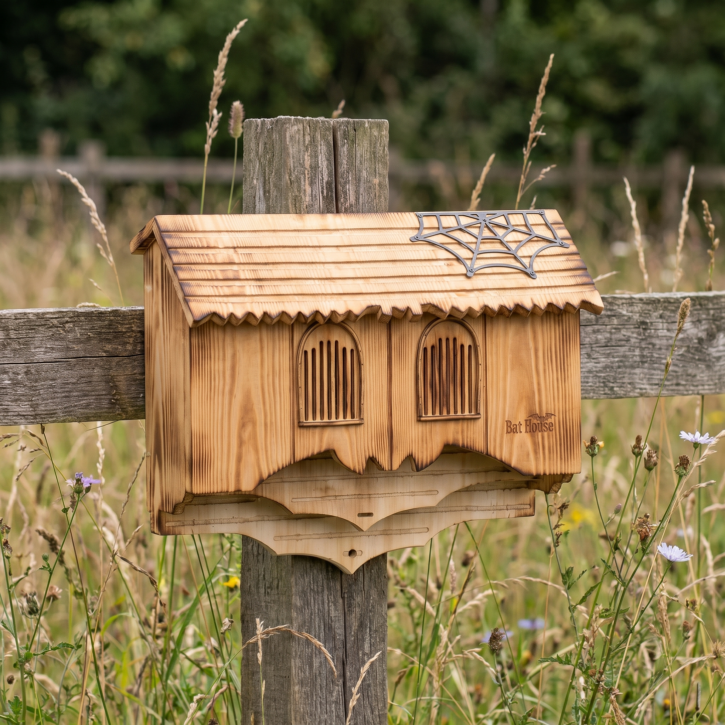 Carved gothic bat house on a garden fence post in a wildflower meadow