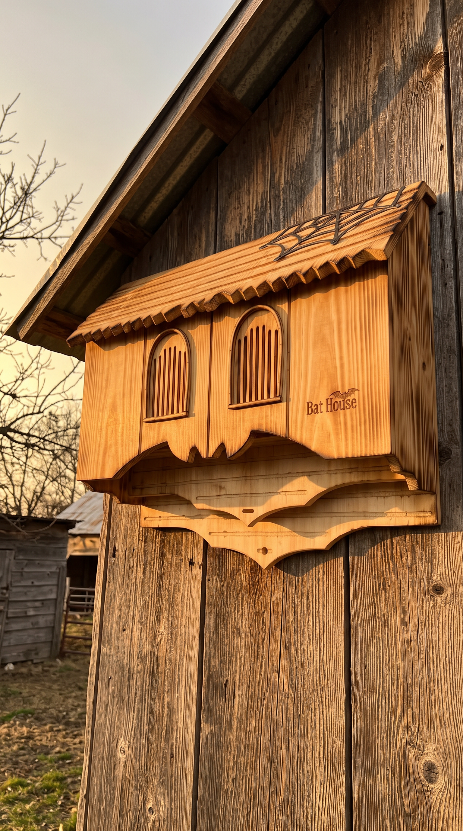 Gothic bat house mounted on a barn wall at golden hour