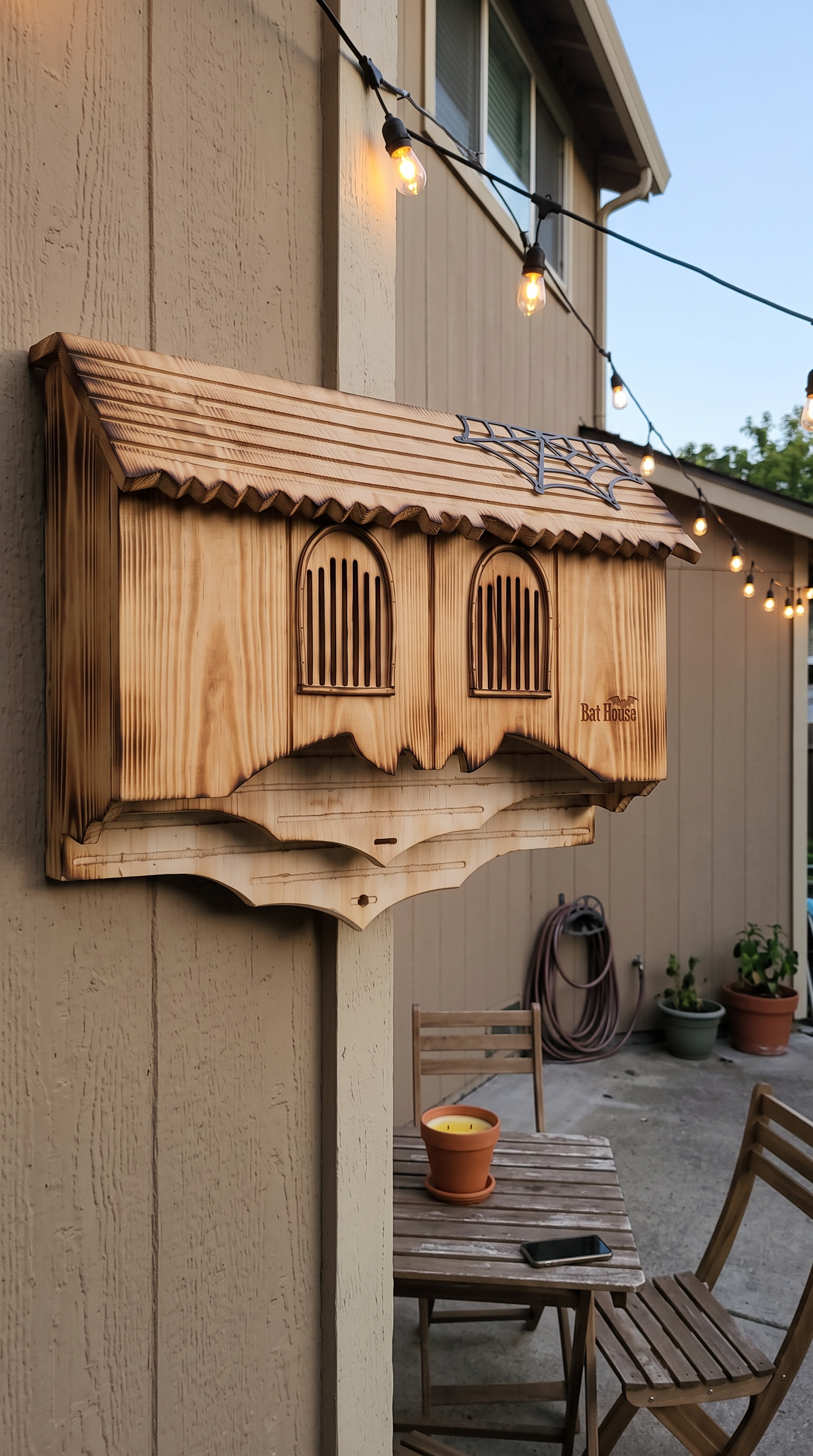 Gothic bat house on a patio wall on a summer evening