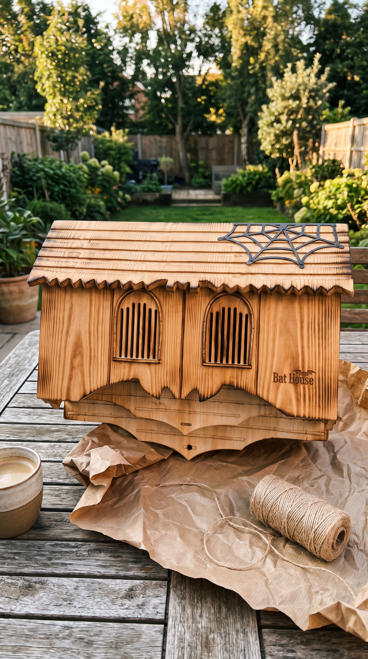 Gothic bat house on a garden table as a gift