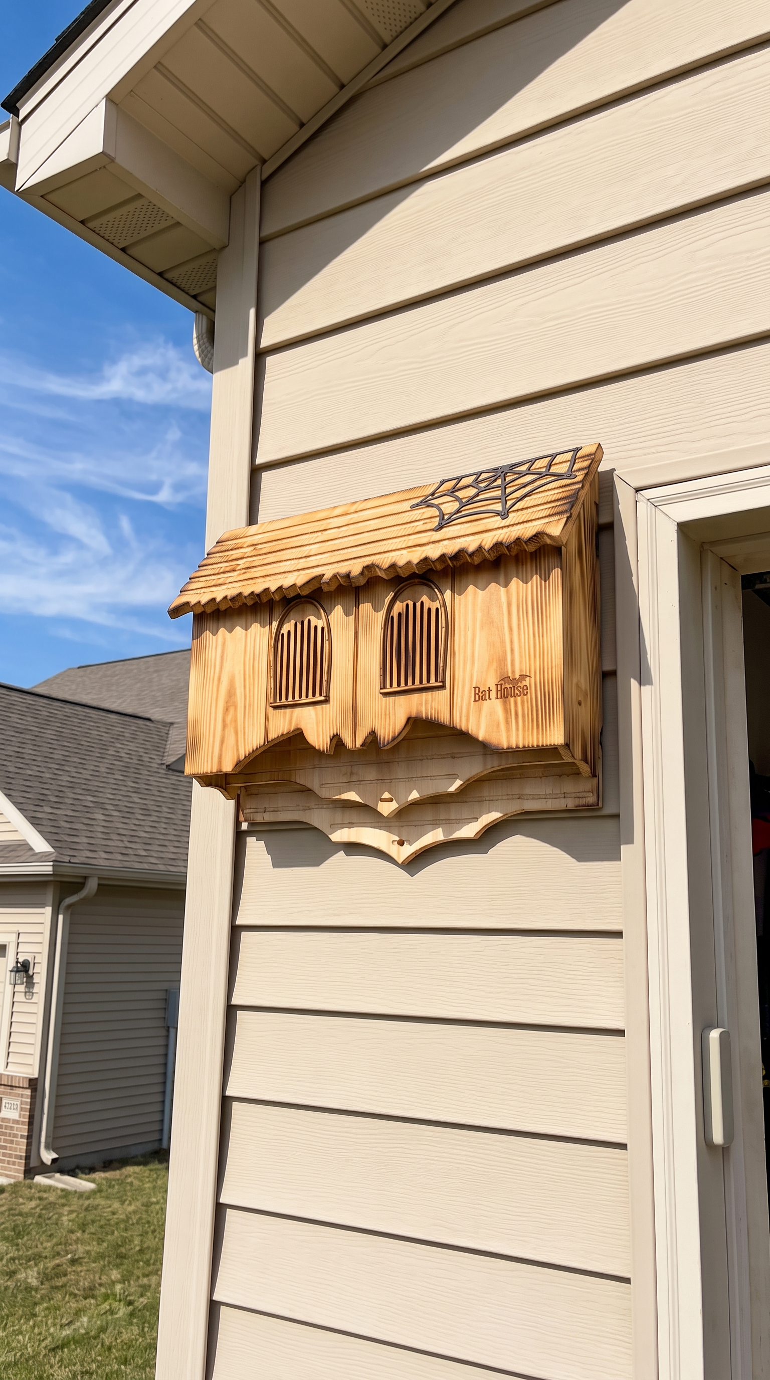 Gothic bat house mounted on a suburban garage wall