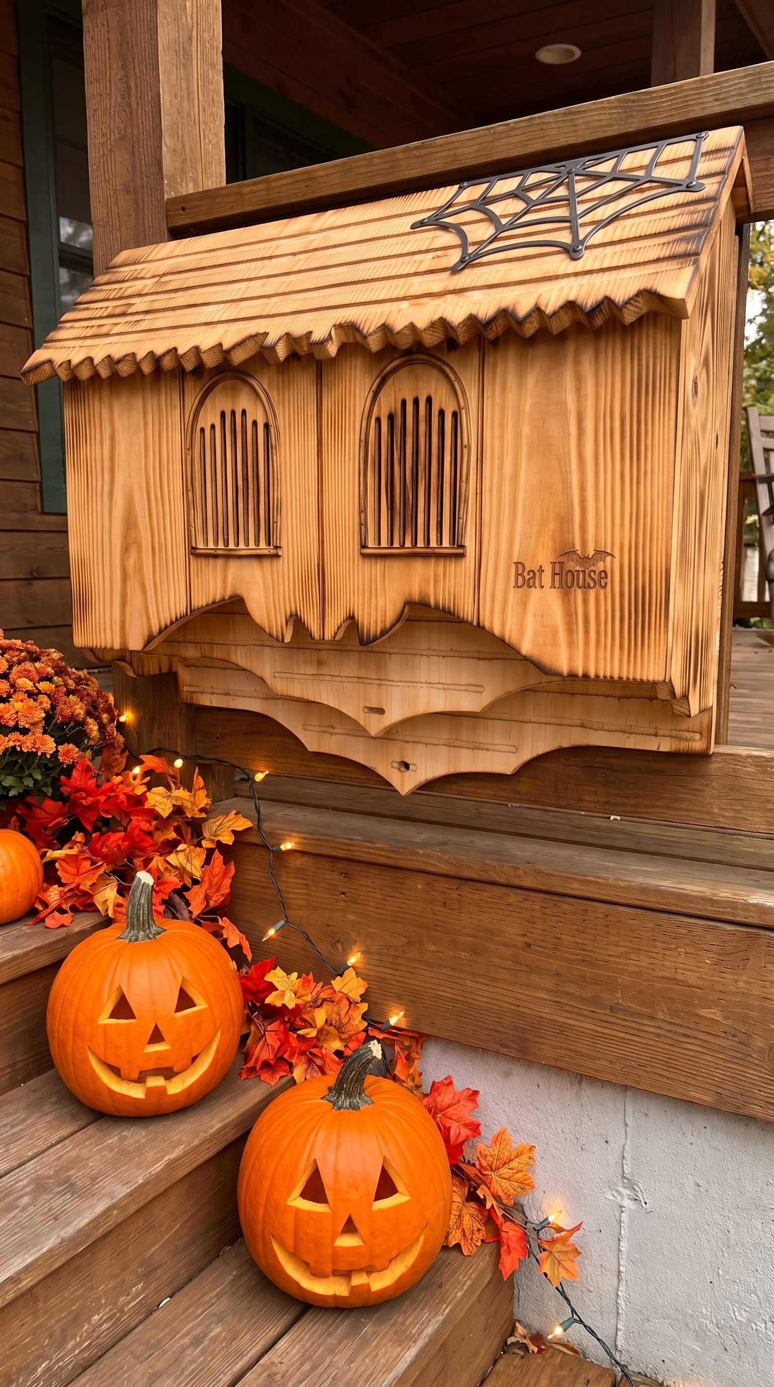 Gothic bat house on a Halloween-decorated porch with pumpkins