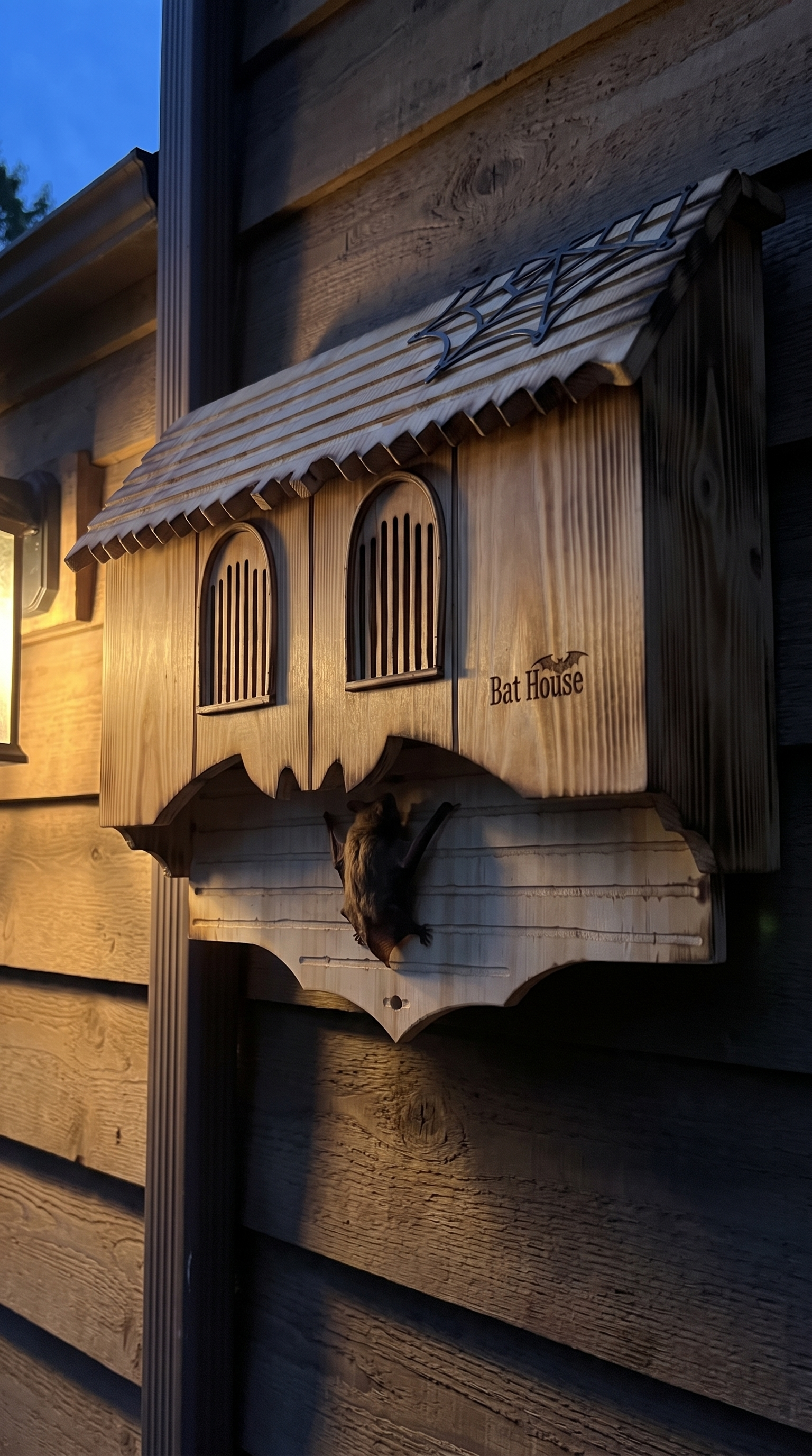 A bat climbing into the gothic bat house from the bottom at dusk